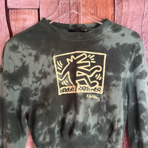 Keith Haring Green Tie Dye Cropped Sweatshirt Small Graphic Streetwear Casual - Picture 3 of 9